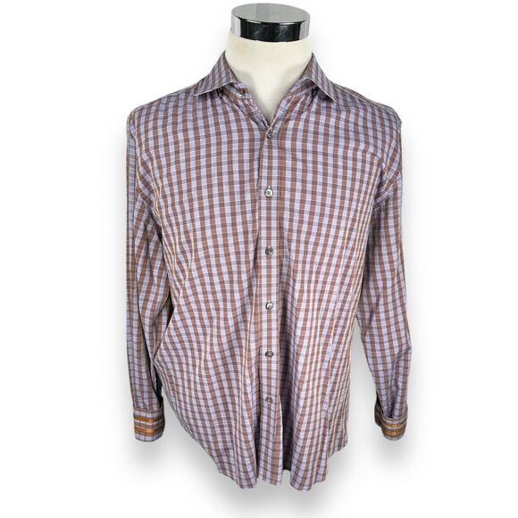 Robert Graham Shirt Men XL Purple Brown Check Cotton Flip Cuff Button Up Stretch - Picture 1 of 11